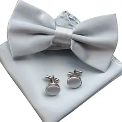 蝶ネクタイ カフス チーフ 3点セット　結婚式　発表会　七五三　お祝い　クリスマス　パーティー イベント ダンスパーティー バーテンダー ビジネス 　卒業式　入学式　入社式　シルバー色　銀色　ユニセックス　ワンタッチ ワイシャツ スーツ 格安 メンズネクタイ