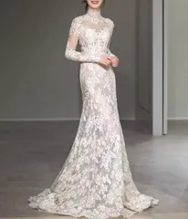 総レース ウェディングドレス マーメイド  長袖 エレガント【0708】