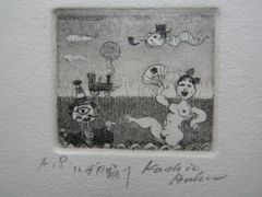 リトグラフ　はだか踊り　5x5cm　作者不明