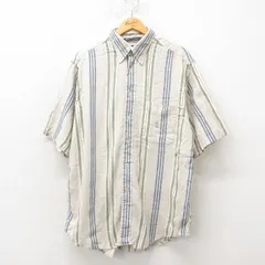XL/古着 ノーティカ 半袖 ブランド シャツ メンズ 90s ワンポイントロゴ リネン ボタンダウン 薄ベージュ カーキ ストライプ 25jun09 中古 
