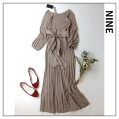 新品 定価22000円 NINE ナイン リブ ニット ロングワンピース ネックデザイン ウエストリボン ウール 毛 混 Free ベージュ (71Y＋5925)25F