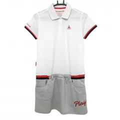 【美品】ルコック 半袖ポロワンピース 白×グレー ロゴ刺しゅう 襟裏ボーダー レディース L ゴルフウェア le coq sportif