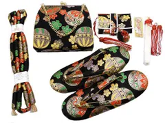 着物美人 送料込み 七五三 女の子 箱セコセット 大 L 7歳6歳8歳 女の子着物用 七五三着物用 3歳着物用 女の子箱セコ  女の子草履バック 女の子帯締め 子供 女児 キッズ ジュニア 箱セコ 草履 21cm バック 帯締め【黒 金 手毬】m523200