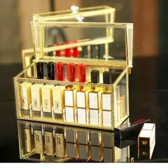 メイクボックス ゴールドフレーム 化粧品 箱 リップ収納 口紅収納 ドレッサー 便利 小物 クリア おしゃれ ケア メイク お洒落 贈り物 am