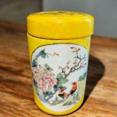 中国買付品 イエロー 中国美術 文房具 陶芸 花鳥 刻印あり 当時物 手描き 希少 アンティーク