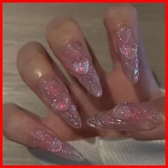 【即発送】人気 おしゃれ ジェルネイル 韓国 ネイルシール 立体 可愛い 花嫁ネイル 光沢 手作りネイルチップ 24枚入 ネイルチップ 両面テープ 蝶 ネイルチップ 3D付け爪 結婚式 長め 成人式 パーティー ピンク 女性 プレゼント 付け爪 繰り返し使える