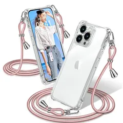 iPhone 14 Pro ケース クリア ショルダー 耐衝撃 iPhone14Pro スマホケース 透明 織りストラップ付き 肩がけ 首掛け 紐付き アイフォン14Pro カバー 縄掛け シングルショルダーロープ 斜めがけ 調節可能なショルダー クロスボ 0