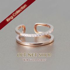 指輪 リング ダブルライン ジルコニア メタル 2連 オープンリング レディース シンプル 細い 重ね付け 18金 18kコーティング ピンクゴールド K18GP