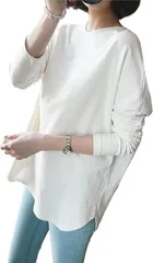 SLOW＆MELLOW ロングスリーブ Tシャツ カットソー レディース クルーネック ラウンドカット 丸首 シンプル( ホワイト,  2XL)