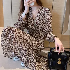 ワンピース レディース 40代 きれいめ マキシワンピース 春秋 長袖ワンピース Vネック 花柄 Aラインスカート オシャレ大人 着痩せドレス ゆったり sucr816