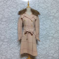 シンシアローリー　Cynthia Rowley 　ツイードロングコートコート　ファー付き　レディース 【2】  ピンク　桃色　ダブルブレスト　スタイリッシュ　ファー着脱式　ベルト付き　裏地あり　ウール混　毛混　あったかい　おしゃれ　かわいい
