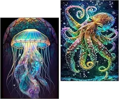 【在庫処分】Amyaker ダイヤモンドアート キット 四角いビーズ 全面 2個セット ダイアモンドビーズ絵画キット DIY 手作り絵画 手芸キット モザイクアート 5D モザイクアート ダイヤモンド塗装 全面貼り付けタイプ 30x40cm クラゲ タ