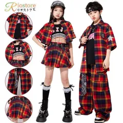 子供服 ダンス 衣装 キッズ セットアップ ヒップホップ チェック柄 赤色 単品 2点セット シャツ ズボン スカート ヒップホップ キッズダン xzdsxex