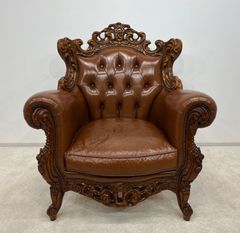 イタリア製　ロココ調　クラシック　革張り　ソファー1P ② キズ有り