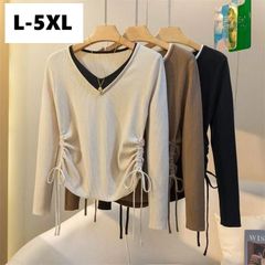 長袖 tシャツ レディース ロング 薄手 重ね着風 Tシャツ トップス 秋 春 ストレッチ 大きいサイズ プルオーバー カットソー カジュアル トップス ゆったり Vネック 無地 シンプル LUFA207(3色L-5XL)