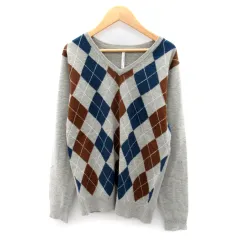 アーバンリサーチ ドアーズ URBAN RESEARCH DOORS ニット カットソー 長袖 Vネック アーガイルチェック柄 マルチカラー ウール 38 グレー /SY40