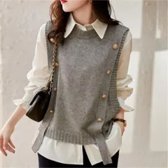 ニットベスト レディース トップス ノースリーブ セーター ボタン付 グレー