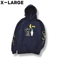 【定番】 エクストララージ X－LARGE FLOWER VASE PULLOVER HOODED SWEAT 刺繍 デザイン スウェット パーカー フーディー トレーナー 裏地 パイル L ネイビー ストリート メンズ