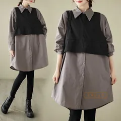 ロングシャツ レディース ベスト付き ２点セット シャツ レディース 長袖 チュニック ロング トップス 秋 チュニックシャツ 無地  ひざ丈 前開き シャツワンピース chaoliu246