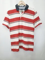 ◇ ◎ Θ TOMMY HILFIGER トミーヒルフィガー ボーダー柄 半袖 ポロシャツ サイズL レッド ホワイト メンズ E  【1506250007107】