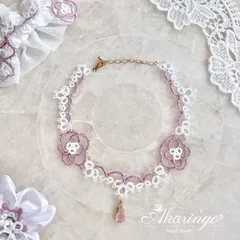 ハンドメイド 雨上がりの薔薇園 タティングレースの花　チョーカー　白×くすみピンク