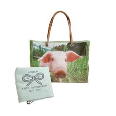 アニヤ・ハインドマーチ アニマル トートバッグ 子豚プリント ハンドバッグ Anya Hindmarch グリーン×ピンク