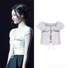 【 aespa NINGNING 着用 】LETTERING SHIRRING T-SHIRT WHITE 白 レタリング パフスリーブ ブラウス 半袖 Tシャツ リボン ギャザー エスパ ニンニン えすぱ i-dle ソヨン UNIS 着用 韓国 バレエコア