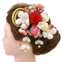 髪飾り 成人式 赤 振袖 前撮り 袴 花 2点セット 白 ゴールド ちりめん 玉飾り リボン 組紐 下がり ゆらゆら パール 和柄 かん No.12-0031