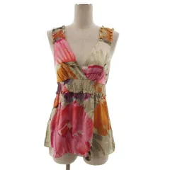 ビーシービージーマックスアズリア BCBGMAXAZRIA カットソー ノースリーブ カシュクール フリル シルク100％ ベージュ マルチカラー XXSのサムネイル
