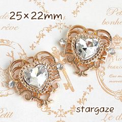【 2個 】 25×22mm ハートセンターパーツ ストーン ビジュー クリア×ゴールドフレーム