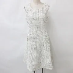 トッコ TOCCO closet ワンピース ロング ノースリーブ クルーネック フレアー ツィード パール ビジュー 白 オフホワイト M