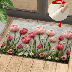 マット 刺繍デザイン 花 チューリップ ポリエステル 滑り止め 速乾 吸収 洗濯機可能 キッチン トイレ バスルーム 50×80cm