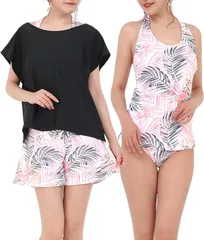 Sweet Passion(スウィートパッション) 水着 レディース 体型カバー 4点セット タンキニ Tシャツ ハーフパンツ ショーツ ピンクリーフ x ブラック( ピンクリーフ x ブラック,  S)