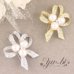 ブローチ/くるりんリボン パール＆ラインストーン br16/ゴールド/シルバー ブローチピン 結婚式 卒業式 入学式 入園式 卒園式 パーティー アクセサリー ピンブローチ　フォーマル セレモニー