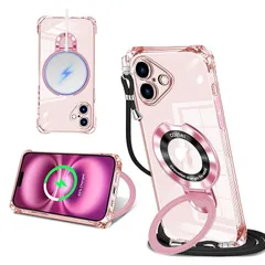 iPhone 16 Plus 用 ケース クリア MagSafe対応 リング付き ネック ショルダー アイフォン16 plus 縄掛けケース 透明 肩掛け 斜めかけ 韓国 可愛い 縄掛け カバー 丸型スタンド付き マグネット搭載 縦横両対応 耐衝撃 ワイヤ 1