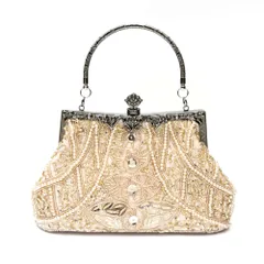 ☆ ベージュ ☆ パーティーバッグ パーティバッグ キラキラ ビーズ刺繍バッグ クラッチバッグ がま口 フォーマルバッグ 2WAY カジュアルバック゛ バッグ カバン おしゃれ 結婚式 二次会 謝恩会 お呼ばれ パール ビーズ かわいい フォーマル 化粧ポーチ