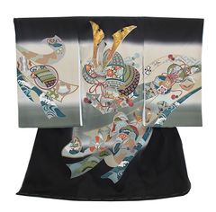金彩 兜 熨斗 友禅 ぼかし染め 黒地 お宮参り 着物 男の子 (初着 産着 のしめ)【絹100% 友禅 】 25315