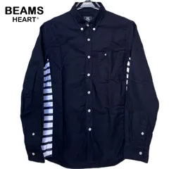 【BEAMS HEART/ビームスハート】メンズ長袖シャツ ボタンダウン カジュアルシャツ ネイビー 紺 カモフラージュ 迷彩 ボーダー（中古）