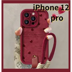 【SHOPS】iPhone12 pro スマホケース 赤 ラムスキン風 ストラップ付き ハート かわいい E034