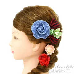 髪飾り 成人式 赤 振袖 袴 花 6点セット 青 水色 デニム 黒 ピンク 緑 リボン りぼん リーフ 縞 ストライプ 造和柄 かんざし 日 No.9-4952