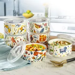 【送料無料】Signature HOUSEWARES ボウル+専用フタ 6ピース(6柄)セット　フタ付き 動物/ポップ/コンテナ/小鉢/北欧風