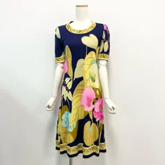 54j17 LEONARD レオナール 半袖ワンピース フレアワンピース 花柄 0サイズ ネイビー マルチカラー レディースu02t