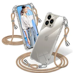 iPhone 15 Pro Max ケース クリア ショルダー 耐衝撃 iPhone15Pro Max スマホケース 透明 織りストラップ付き 肩がけ 首掛け 紐付き アイフォン15Pro Max カバー 縄掛け シングルショルダーロープ 斜めがけ 調節可 0