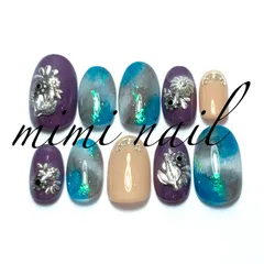 現品限り パープル&グリーン天然石風ネイルチップ ハンドメイド オーバル小さめサイズ ジェルコート済