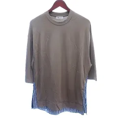 タケオキクチ TAKEO KIKUCHI カットソー Tシャツ クルーネック フェイクレイヤード ストライプ 五分袖 L ベージュ /AUのサムネイル