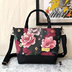 2WAY猫柄ミニトートバッグ 黒猫と牡丹 ブラック ハンドメイド メンズ レディース ハンドバッグ ショルダーバッグ