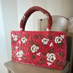 当時物　昭和　レトロ　総ビーズ　バッグ　ハンドバッグ　ビーズバッグ　赤　レッド　薔薇　バラ　花柄　ヴィンテージ　洋物　和物　小物　鞄　薔薇　ローズ アンティーク