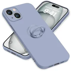 ZHUAZHULE iPhone15 ケース リング付き シリコン アイフォン15 スマホケース スタンド機能 カバー 耐衝撃 レンズ保護 360°回転 車載ホルダー ストラップホール付き 滑り止め 指紋防止 薄型 （グレー） 1