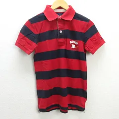 C■トミーヒルフィガー/TOMMY HILFIGER Slim Fit ボーダー柄 半袖ポロシャツ/ラガーシャツ【M】赤/MENS■119■【中古】