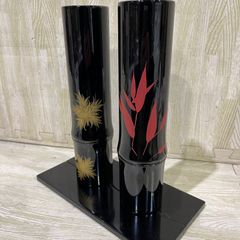 【超美品】輪島塗 花器 朱竹 金稲穂 台付き セット売り